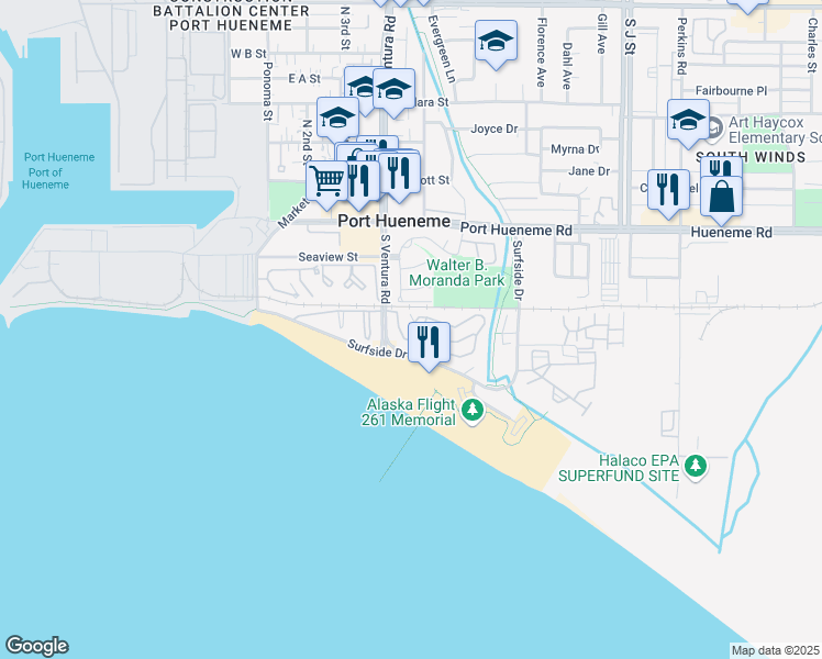 map of restaurants, bars, coffee shops, grocery stores, and more near 522 Island View Circle in Port Hueneme