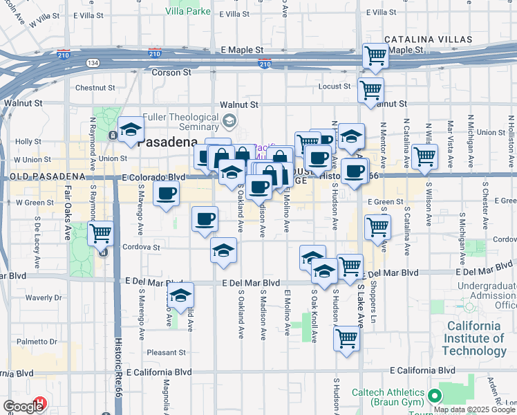 map of restaurants, bars, coffee shops, grocery stores, and more near 570 East Green Street in Pasadena