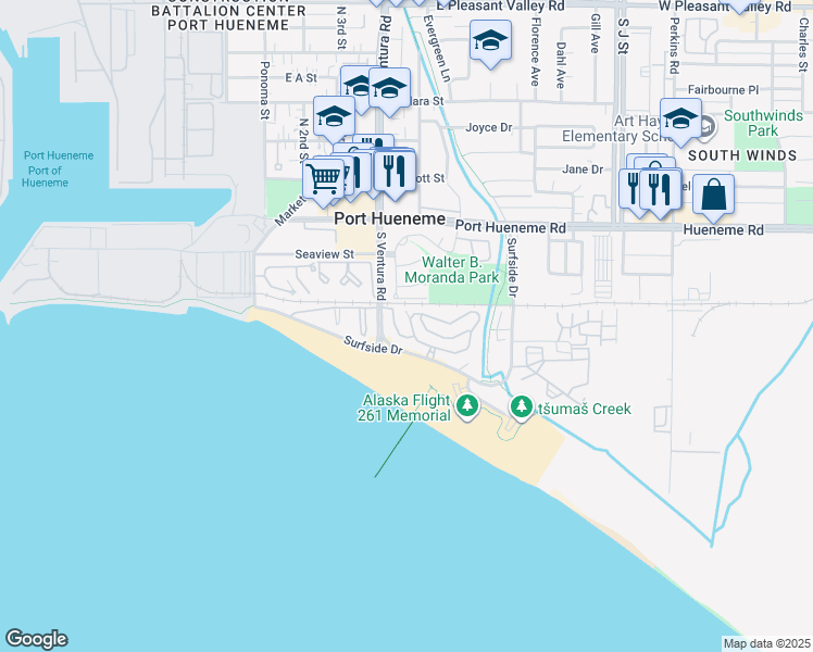 map of restaurants, bars, coffee shops, grocery stores, and more near 522 Island View Circle in Port Hueneme