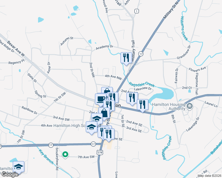 map of restaurants, bars, coffee shops, grocery stores, and more near 246 1st Street Northwest in Hamilton