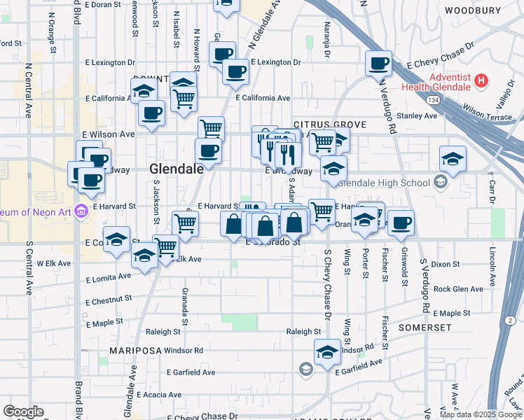 map of restaurants, bars, coffee shops, grocery stores, and more near 906 East Harvard Street in Glendale