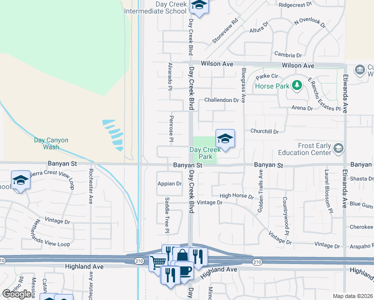 map of restaurants, bars, coffee shops, grocery stores, and more near 12285 Clydesdale Drive in Rancho Cucamonga