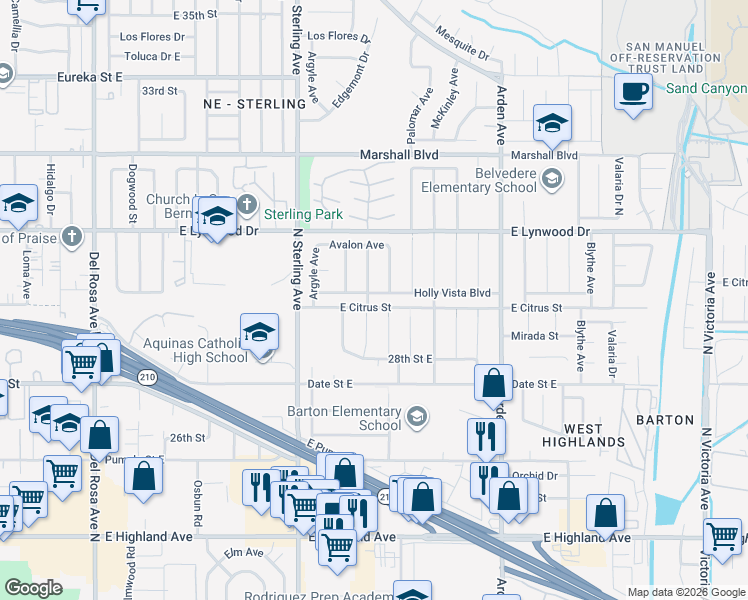 map of restaurants, bars, coffee shops, grocery stores, and more near 25845 Holly Vista Boulevard in San Bernardino
