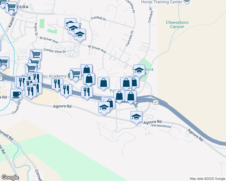 map of restaurants, bars, coffee shops, grocery stores, and more near 5210 Lewis Road in Agoura Hills