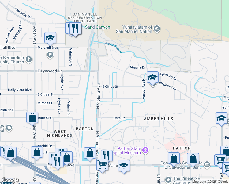 map of restaurants, bars, coffee shops, grocery stores, and more near 2904 Mojave Court North in Highland