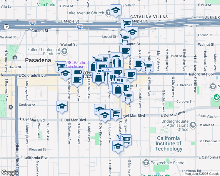 map of restaurants, bars, coffee shops, grocery stores, and more near 840 East Green Street in Pasadena