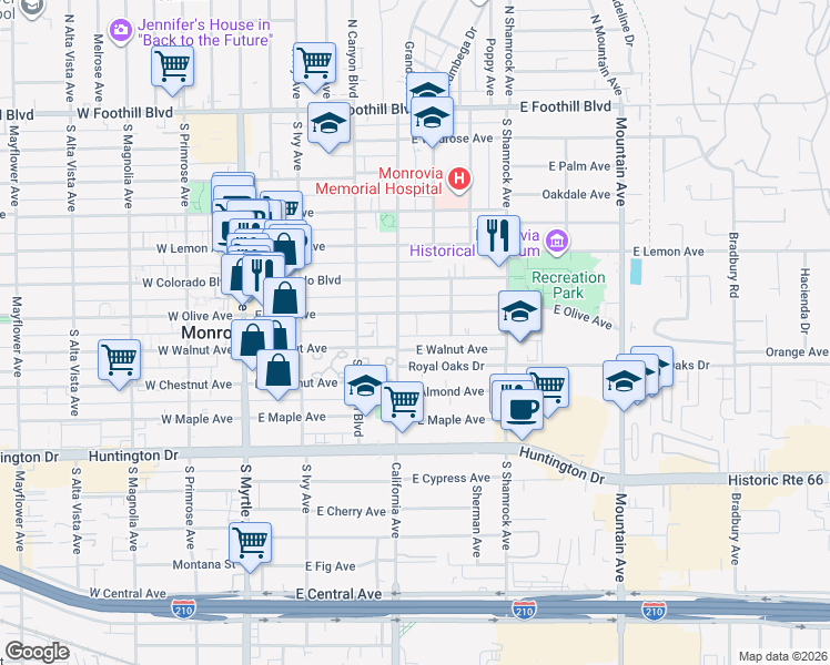 map of restaurants, bars, coffee shops, grocery stores, and more near in Monrovia