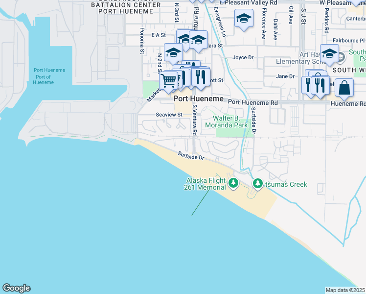 map of restaurants, bars, coffee shops, grocery stores, and more near 326 East Surfside Drive in Port Hueneme