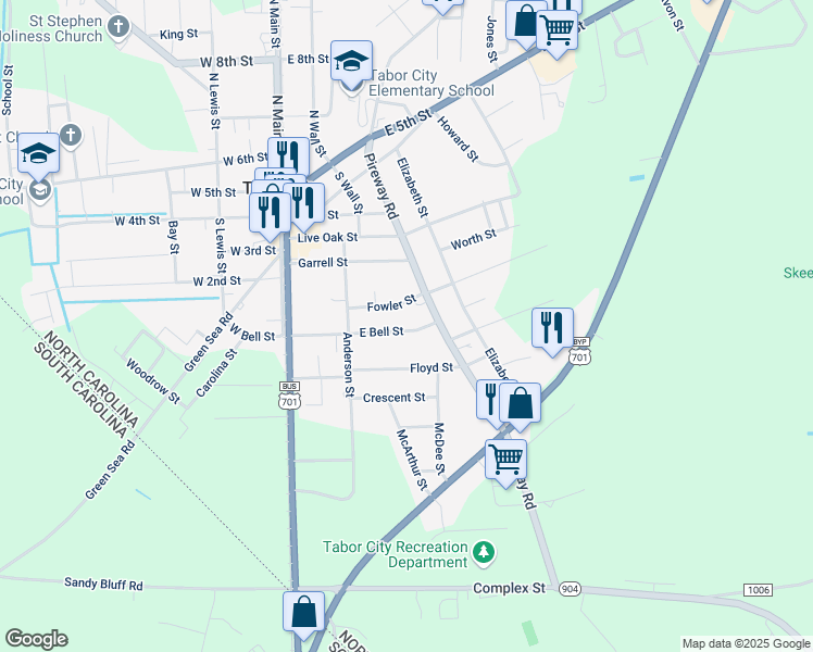 map of restaurants, bars, coffee shops, grocery stores, and more near 213 East Bell Street in Tabor City