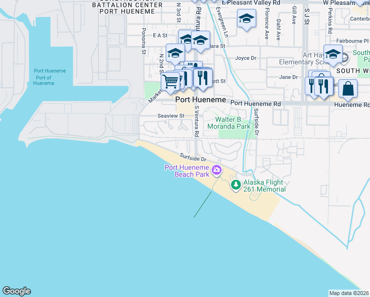 map of restaurants, bars, coffee shops, grocery stores, and more near 328 East Surfside Drive in Port Hueneme