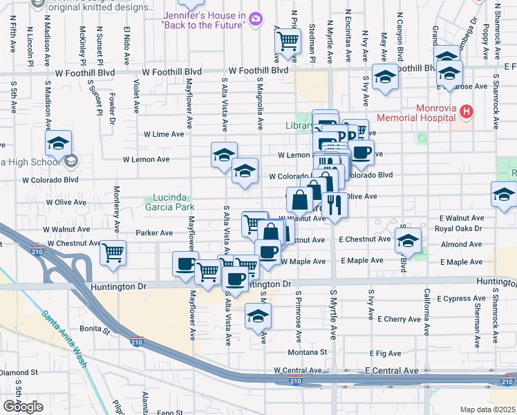 map of restaurants, bars, coffee shops, grocery stores, and more near 709 South Magnolia Avenue in Monrovia