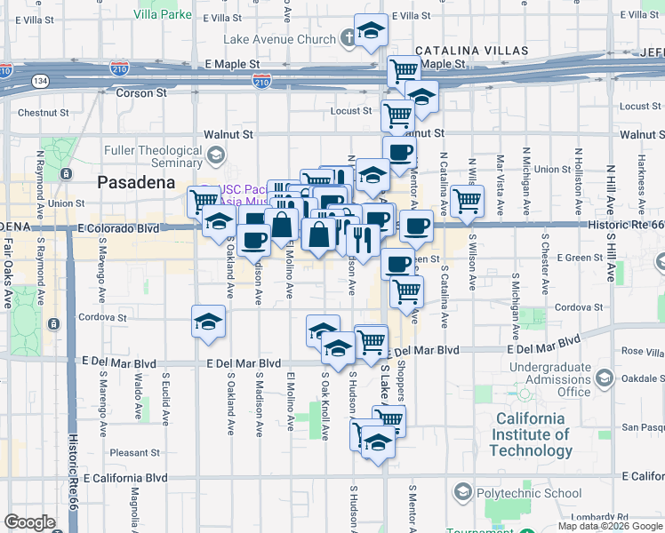 map of restaurants, bars, coffee shops, grocery stores, and more near 750 East Green Street in Pasadena