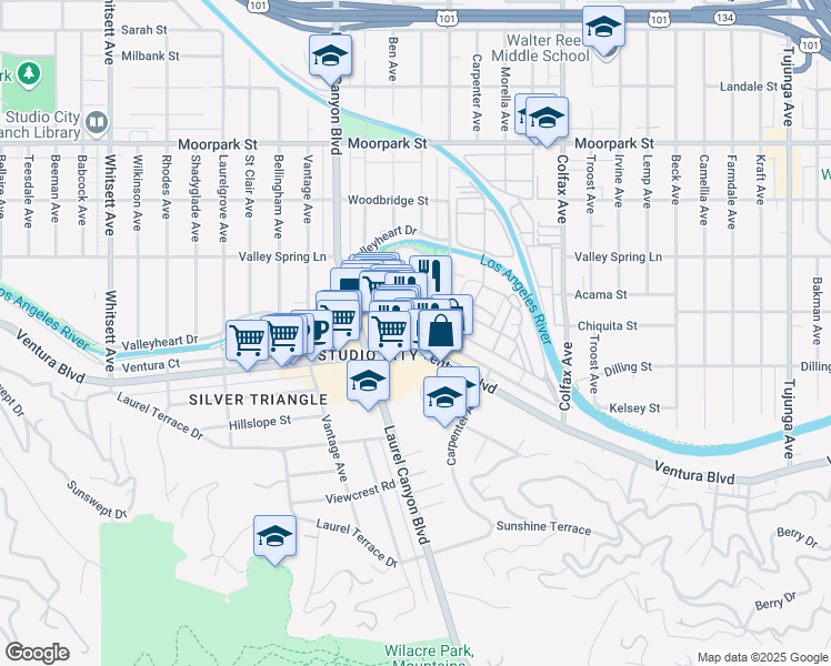 map of restaurants, bars, coffee shops, grocery stores, and more near 12015 Ventura Boulevard in Los Angeles