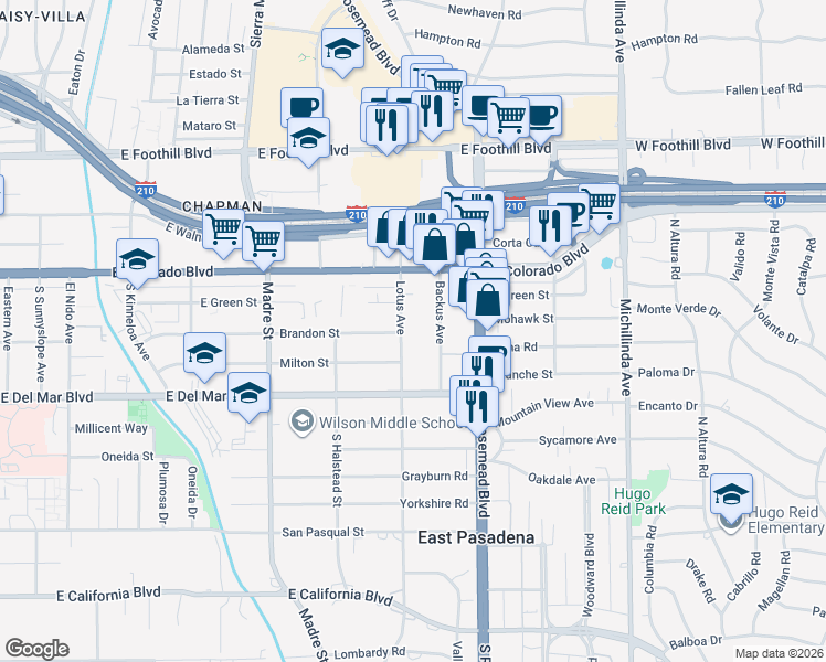 map of restaurants, bars, coffee shops, grocery stores, and more near 105 Backus Avenue in Pasadena