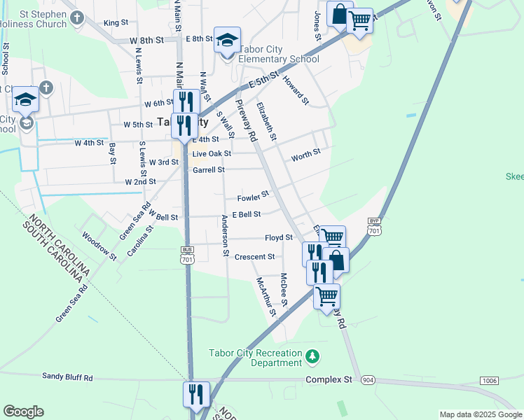 map of restaurants, bars, coffee shops, grocery stores, and more near 213 East Bell Street in Tabor City