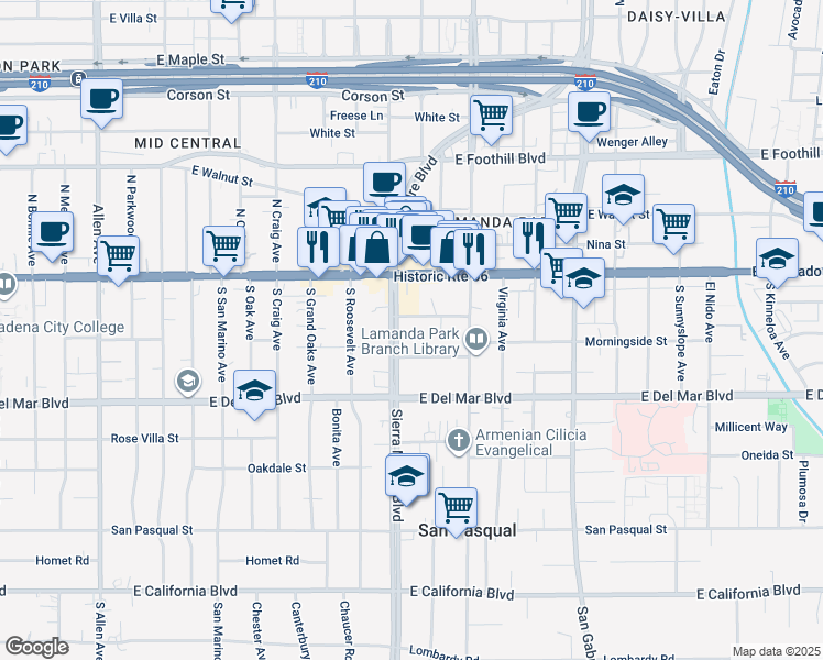 map of restaurants, bars, coffee shops, grocery stores, and more near 102 South Sierra Madre Boulevard in Pasadena