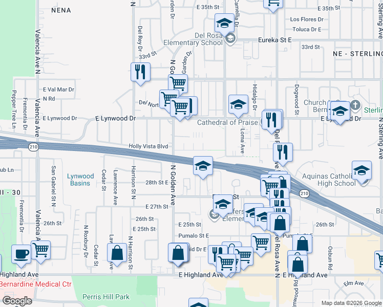 map of restaurants, bars, coffee shops, grocery stores, and more near 1259 Holly Vista Boulevard in San Bernardino