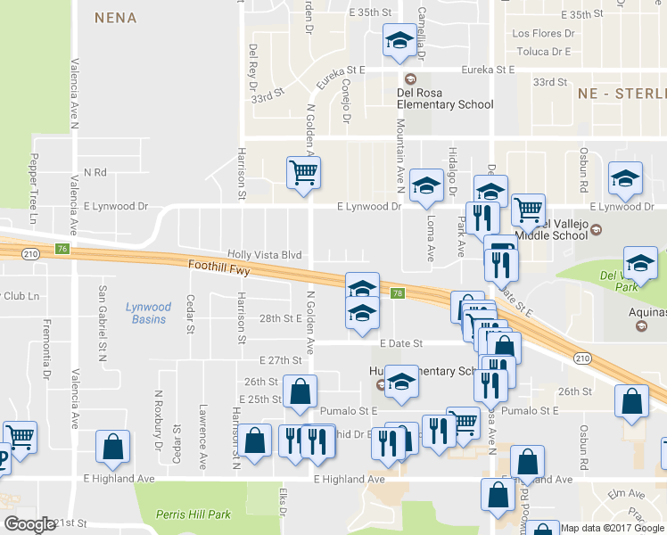 map of restaurants, bars, coffee shops, grocery stores, and more near 1241 Holly Vista Boulevard in San Bernardino