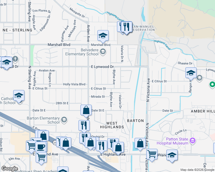 map of restaurants, bars, coffee shops, grocery stores, and more near 26213 Holly Vista Boulevard in Highland