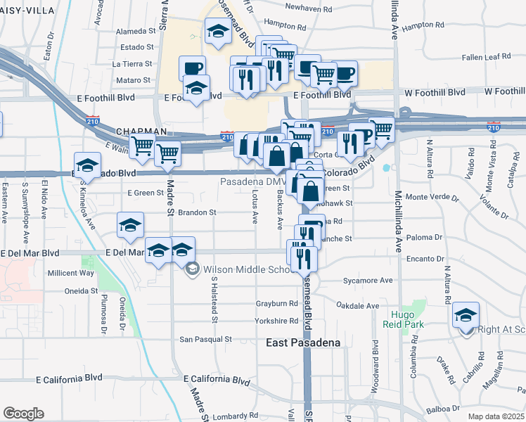 map of restaurants, bars, coffee shops, grocery stores, and more near 105 Backus Avenue in Pasadena