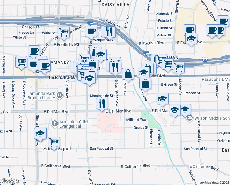 map of restaurants, bars, coffee shops, grocery stores, and more near 101 South Sunnyslope Avenue in Pasadena