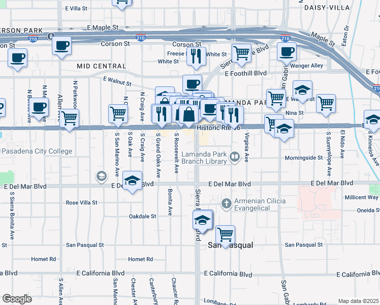 map of restaurants, bars, coffee shops, grocery stores, and more near 90 South Roosevelt Avenue in Pasadena