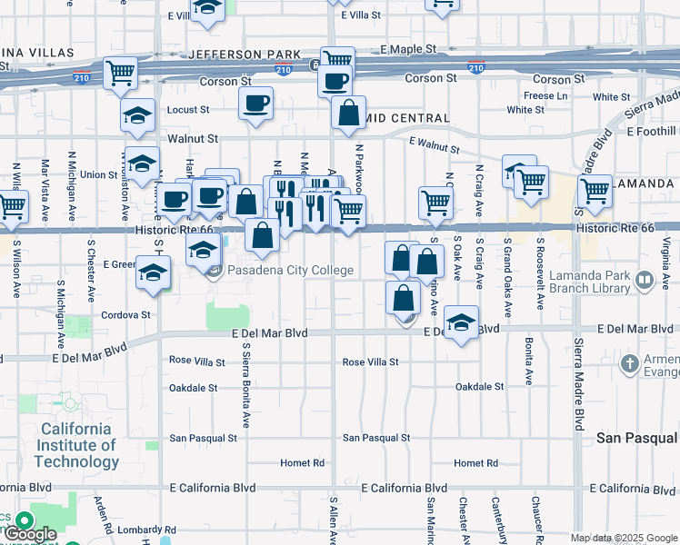 map of restaurants, bars, coffee shops, grocery stores, and more near 78 South Allen Avenue in Pasadena