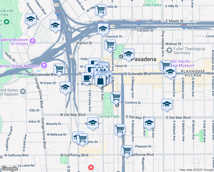 map of restaurants, bars, coffee shops, grocery stores, and more near 75 South Fair Oaks Avenue in Pasadena