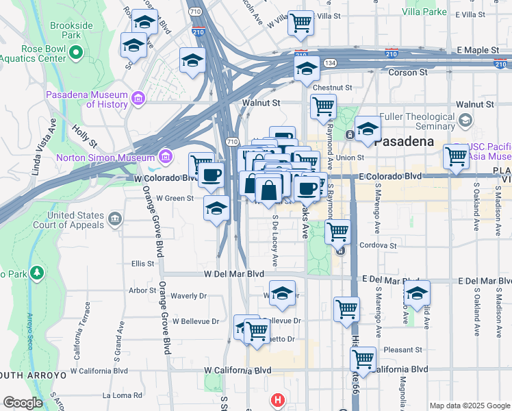 map of restaurants, bars, coffee shops, grocery stores, and more near 141 West Green Street in Pasadena