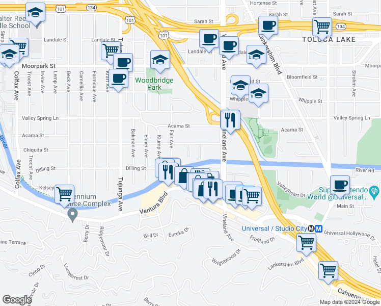 map of restaurants, bars, coffee shops, grocery stores, and more near 11116 Aqua Vista Street in Los Angeles