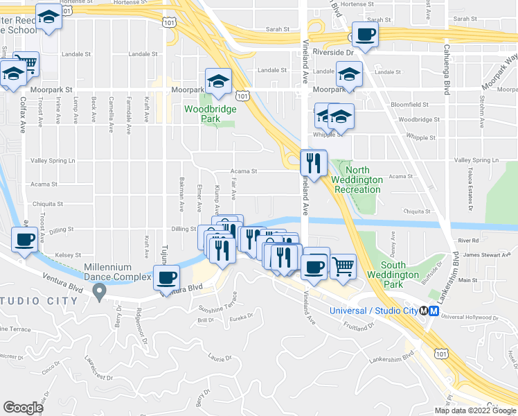 map of restaurants, bars, coffee shops, grocery stores, and more near 11116 Aqua Vista Street in Los Angeles