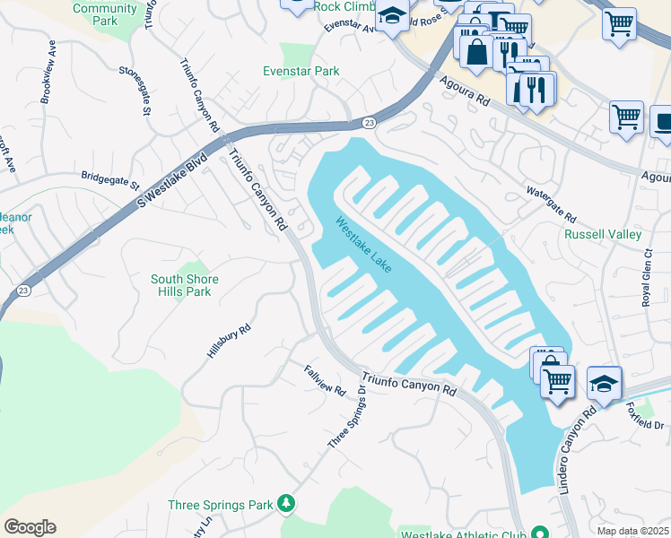 map of restaurants, bars, coffee shops, grocery stores, and more near 2429 Windward Circle in Westlake Village