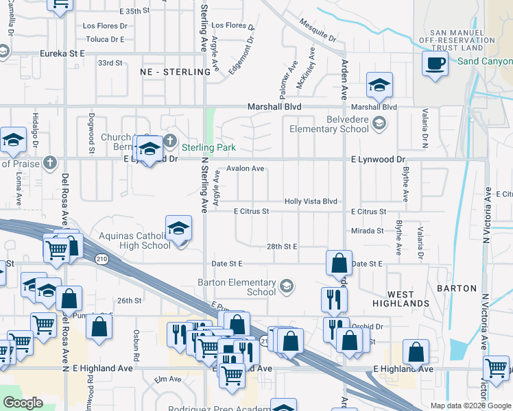 map of restaurants, bars, coffee shops, grocery stores, and more near 25845 Holly Vista Boulevard in San Bernardino