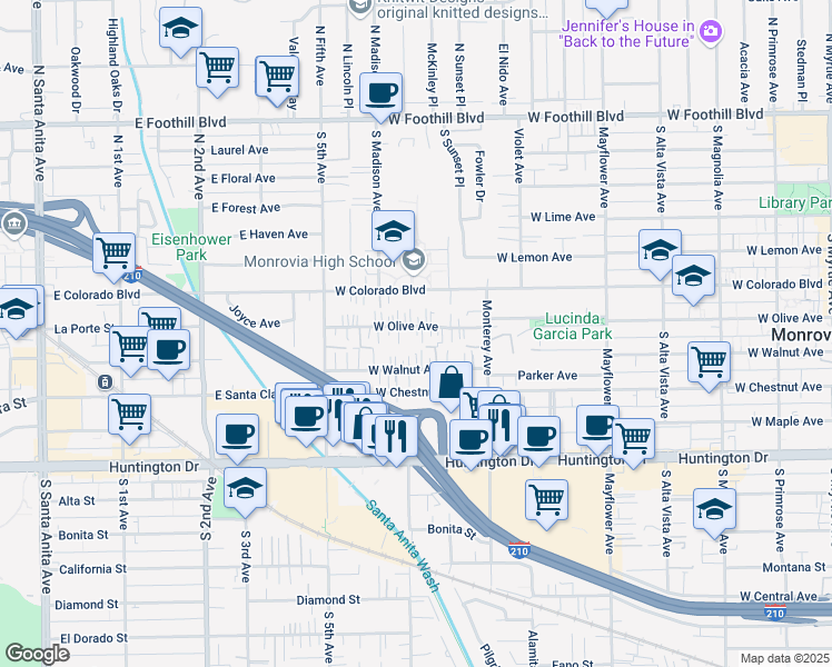 map of restaurants, bars, coffee shops, grocery stores, and more near 836 West Olive Avenue in Monrovia