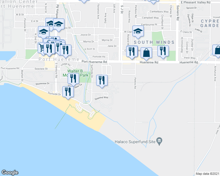 map of restaurants, bars, coffee shops, grocery stores, and more near Ocean Breeze Drive in Port Hueneme
