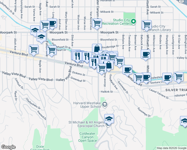 map of restaurants, bars, coffee shops, grocery stores, and more near 12921 Dickens Street in Los Angeles