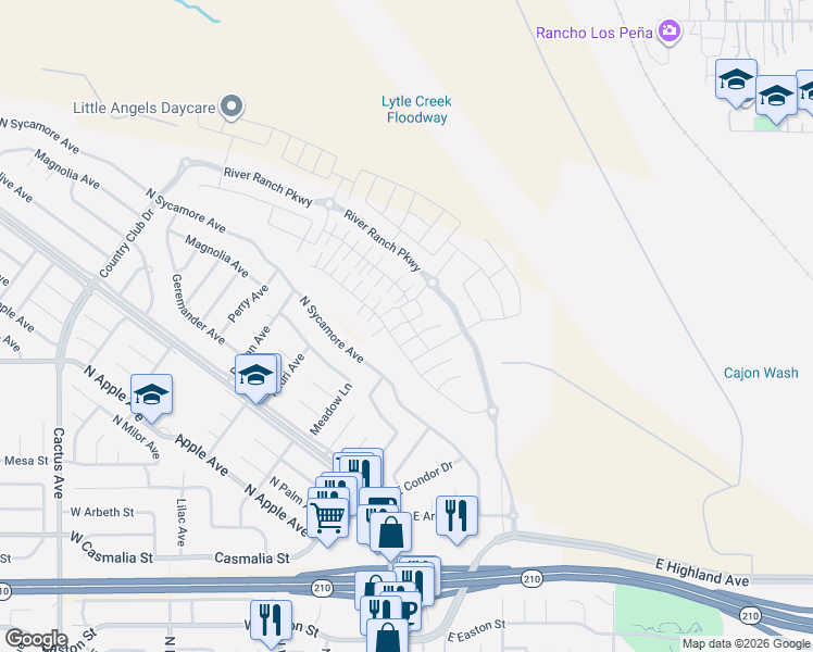 map of restaurants, bars, coffee shops, grocery stores, and more near 2423 North Sycamore Avenue in Rialto