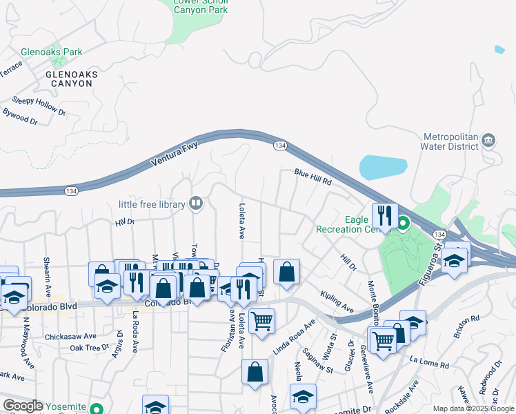 map of restaurants, bars, coffee shops, grocery stores, and more near 5341 Hartwick Street in Los Angeles