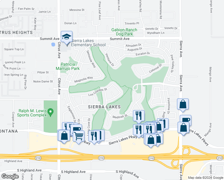 map of restaurants, bars, coffee shops, grocery stores, and more near 6041 Saticoy Place in Fontana