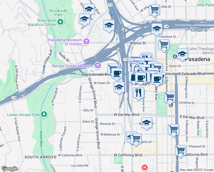 map of restaurants, bars, coffee shops, grocery stores, and more near 378 West Green Street in Pasadena