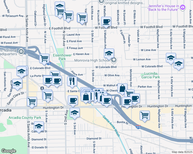 map of restaurants, bars, coffee shops, grocery stores, and more near 940 West Olive Avenue in Monrovia