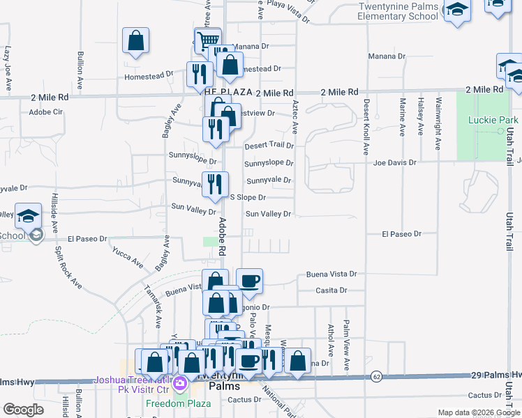 map of restaurants, bars, coffee shops, grocery stores, and more near 73812 Sun Valley Drive in Twentynine Palms