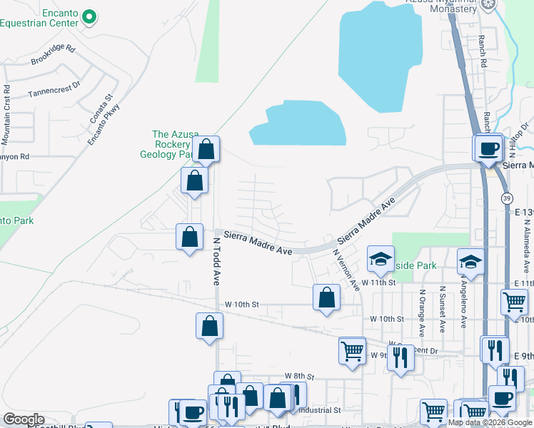 map of restaurants, bars, coffee shops, grocery stores, and more near 1233 Avenue De La Suerte in Azusa