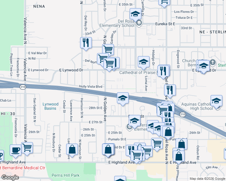 map of restaurants, bars, coffee shops, grocery stores, and more near 1241 Holly Vista Boulevard in San Bernardino