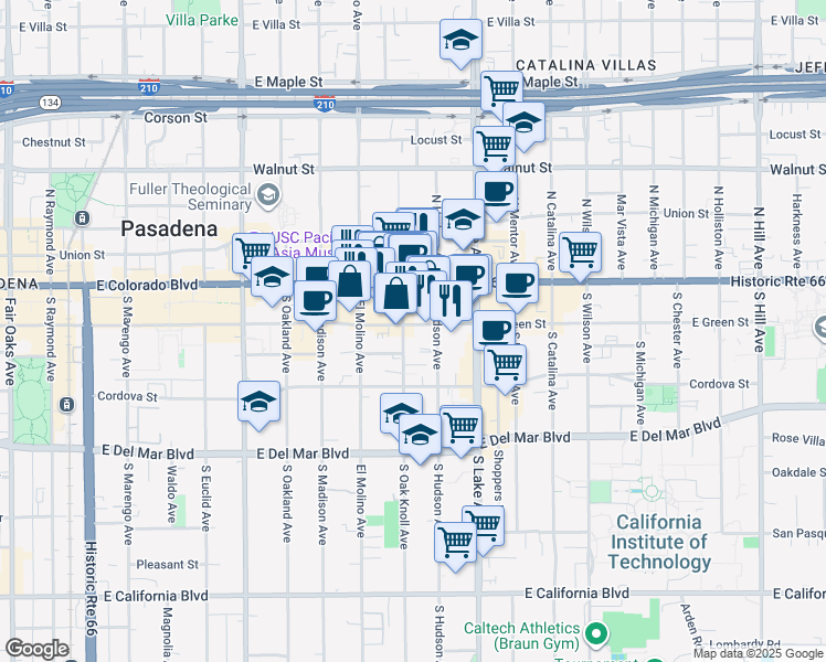 map of restaurants, bars, coffee shops, grocery stores, and more near 718 East Green Street in Pasadena