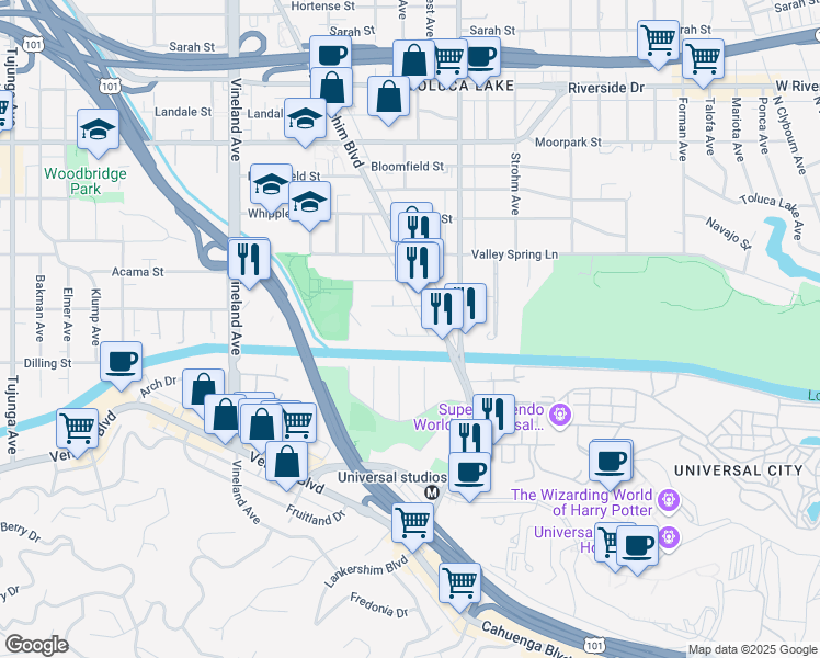 map of restaurants, bars, coffee shops, grocery stores, and more near 10633 Chiquita Street in Los Angeles