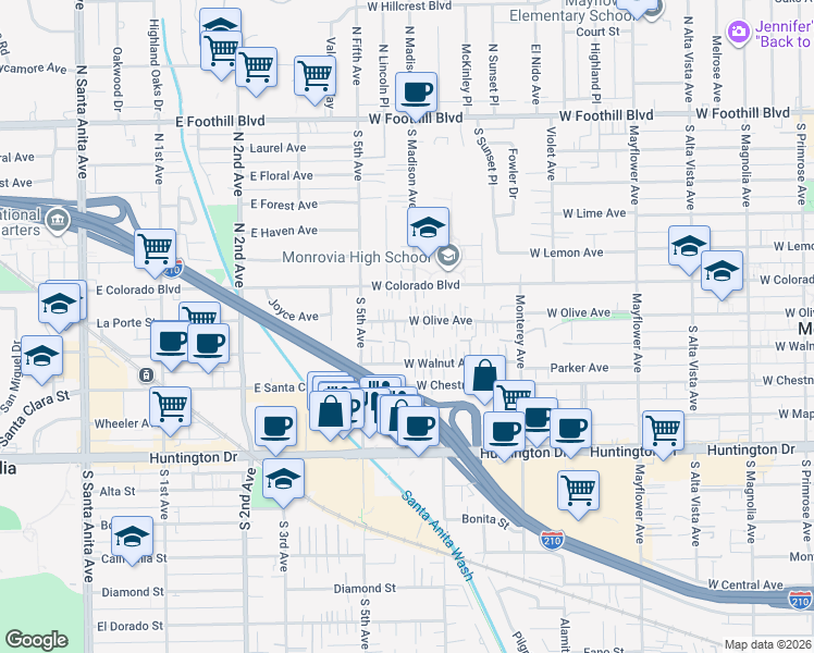 map of restaurants, bars, coffee shops, grocery stores, and more near 902 West Olive Avenue in Monrovia