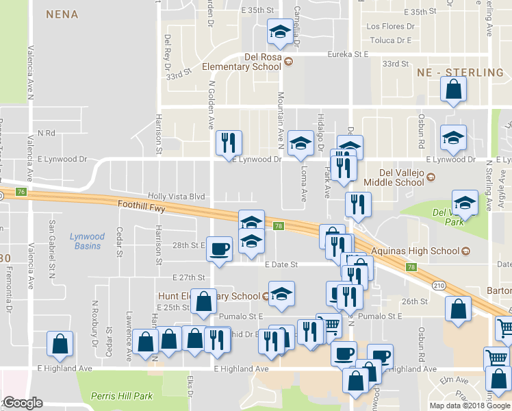 map of restaurants, bars, coffee shops, grocery stores, and more near 1317 Holly Vista Boulevard in San Bernardino