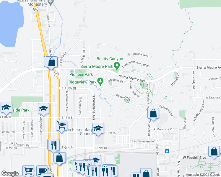 map of restaurants, bars, coffee shops, grocery stores, and more near 598 Desert Willow Road in Azusa