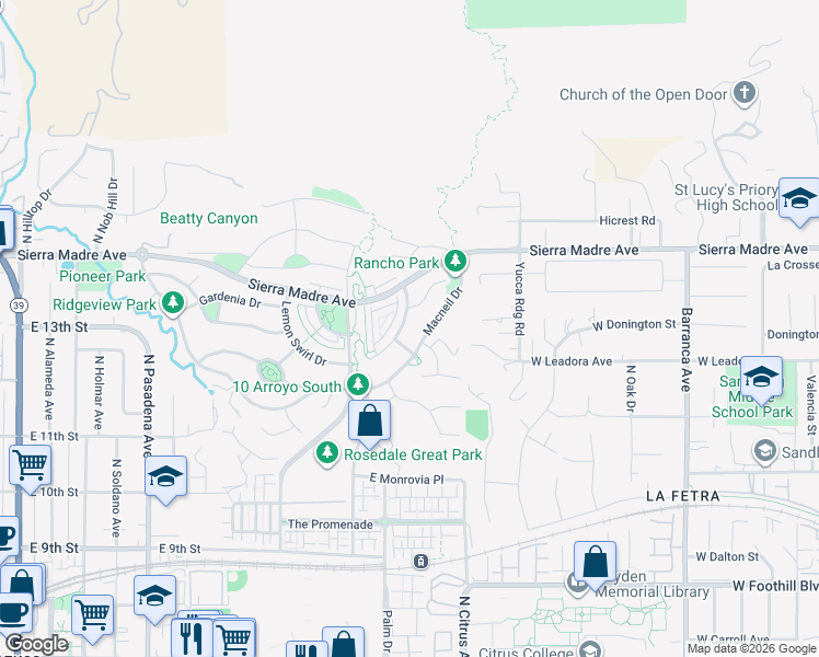 map of restaurants, bars, coffee shops, grocery stores, and more near 1306 North Crape Myrtle Drive in Azusa
